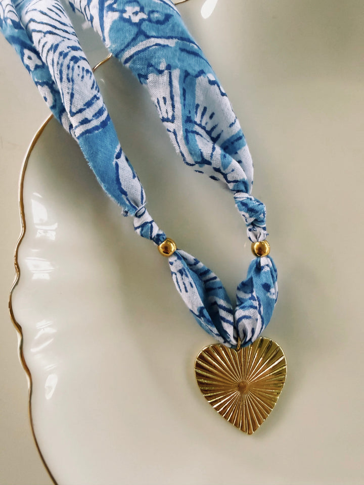 Cornflower Fabric Necklace, Blockprint & Bandana