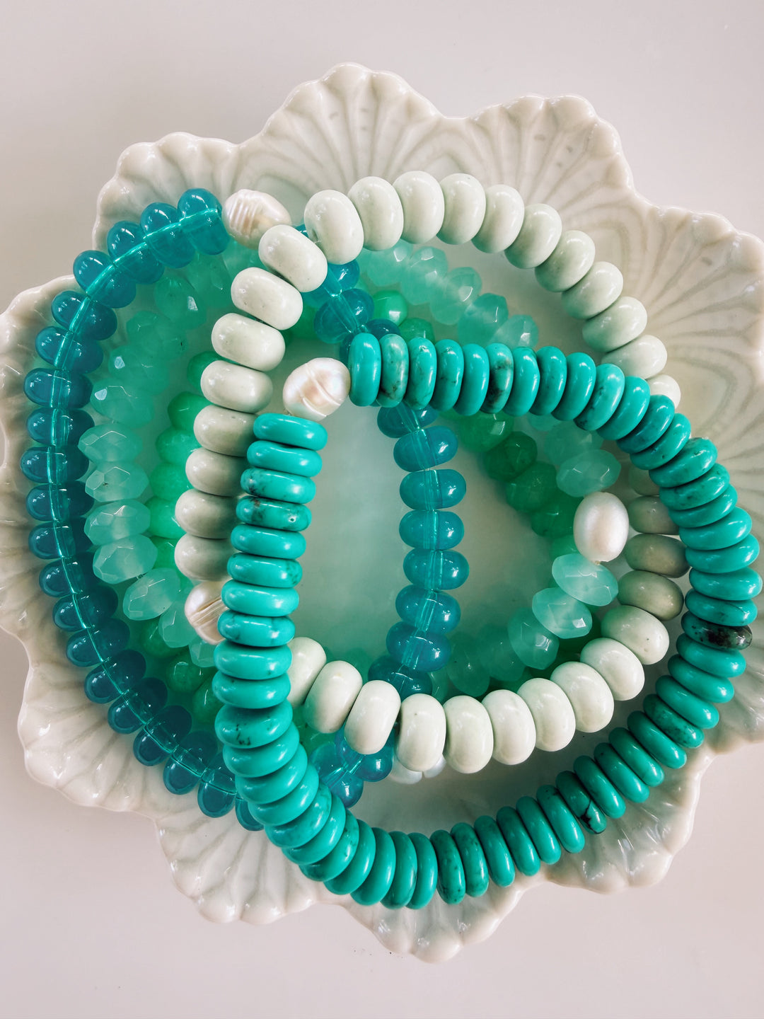 Aqua Gemstone + Glass Bracelets, Pearls