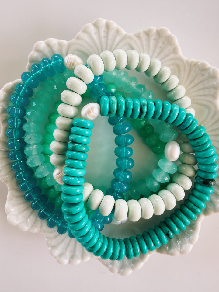 Aqua Gemstone + Glass Bracelets, Pearls