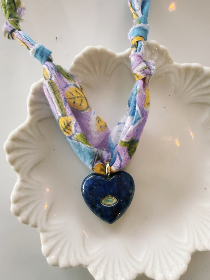 Gemstone Heart Fabric Necklace, Blockprint & Bandana