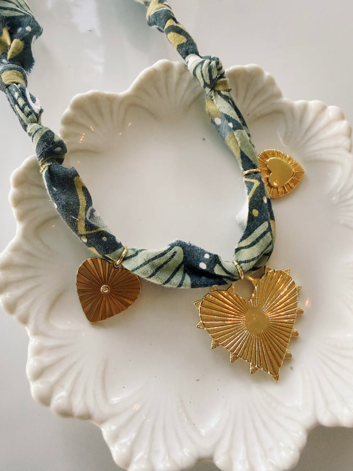 Navy Bandana Necklace with Charms, Blockprint & Bandana