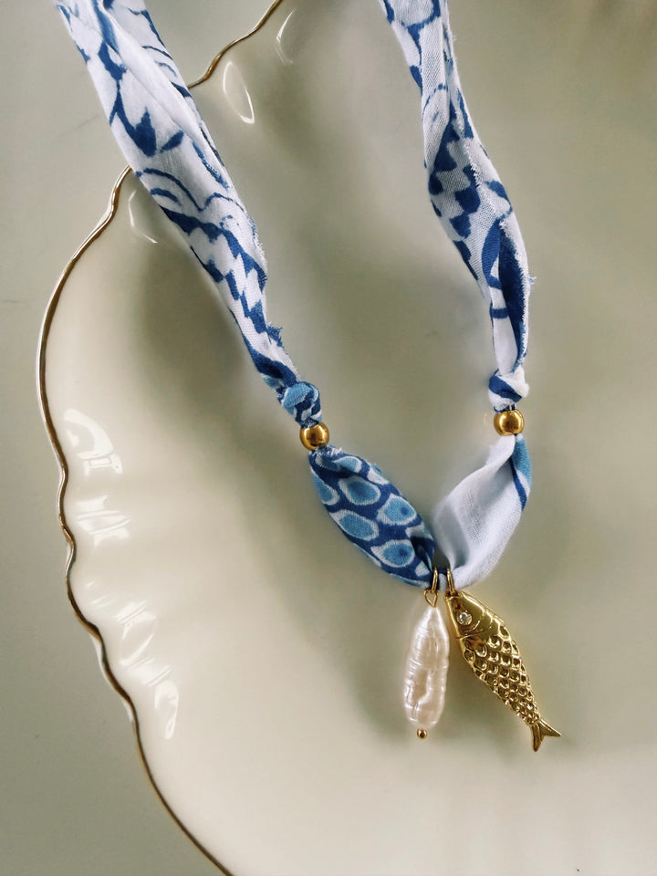 Fish & Pearl Fabric Necklace, Blockprint & Bandana