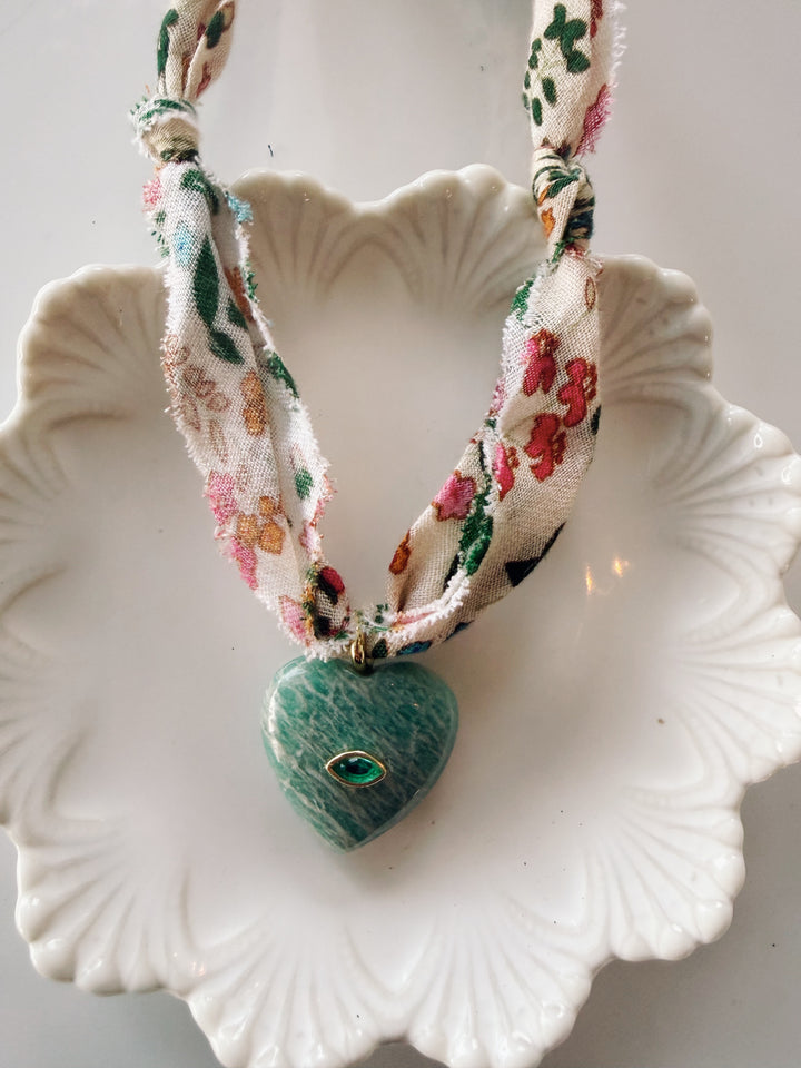 Gemstone Heart Fabric Necklace, Blockprint & Bandana