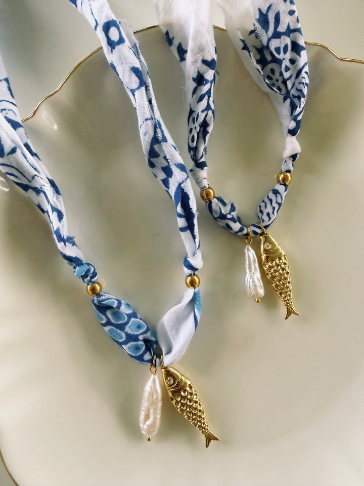 Fish & Pearl Fabric Necklace, Blockprint & Bandana