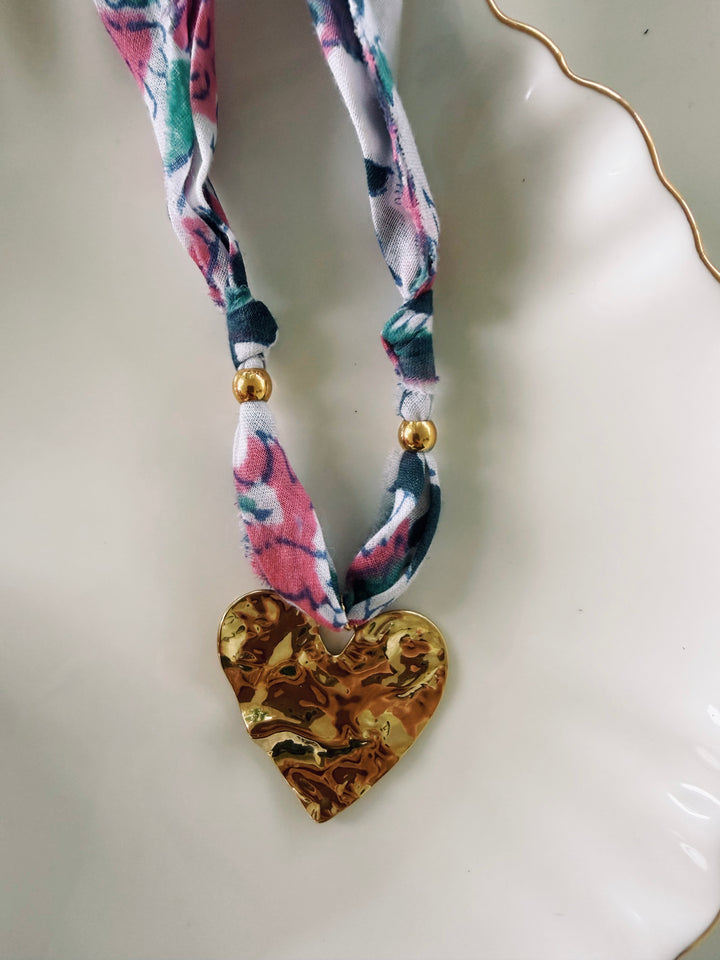 Pink and Navy Fabric Necklace, Blockprint & Bandana