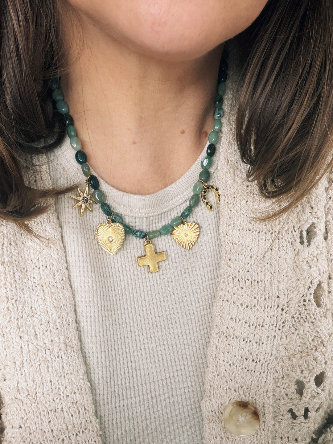 Moss Agate Gemstone Charm Necklace, Sweater Weather