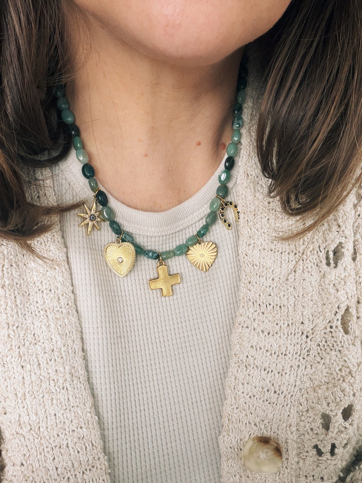 Moss Agate Gemstone Charm Necklace, Sweater Weather