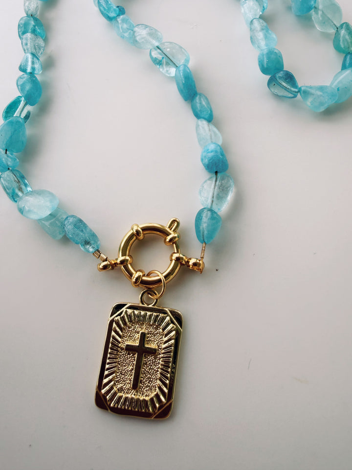 Aquamarine Cross Necklace, Birthday Collection
