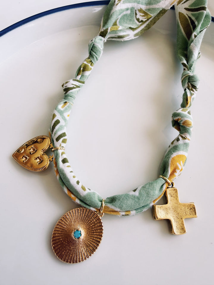 Green Floral Fabric Necklace with Charms, Blockprint & Bandana