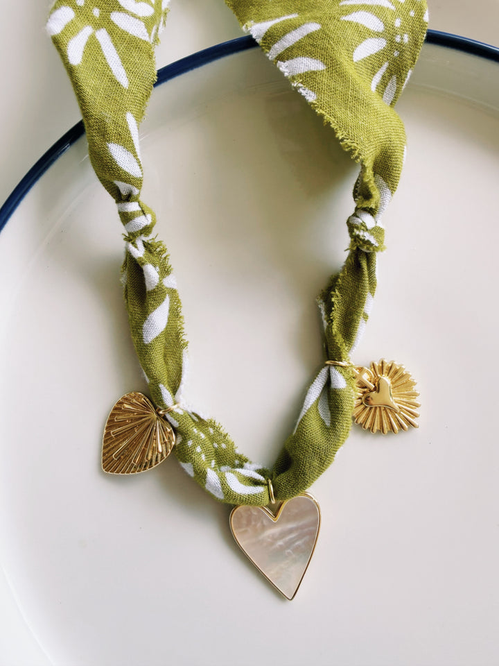 Green Daisy Fabric Necklace with Charms, Blockprint & Bandana