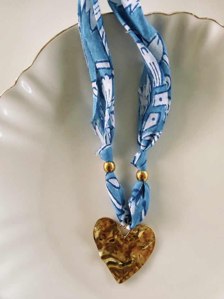 Cornflower Fabric Necklace, Blockprint & Bandana