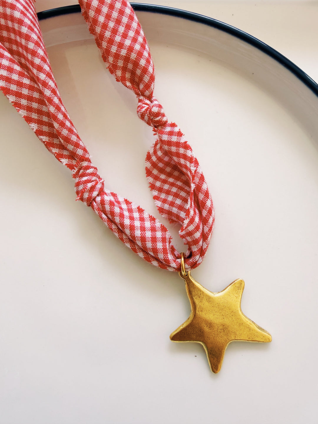 Red Gingham Fabric Necklace, Blockprint & Bandana