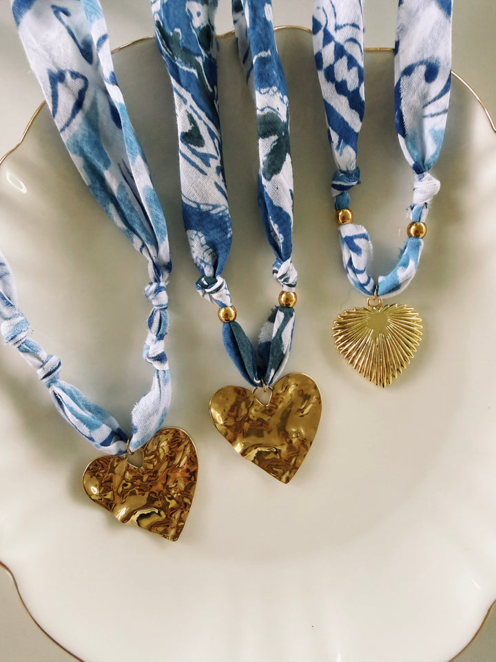 Blue & White Fabric Necklace, Blockprint & Bandana