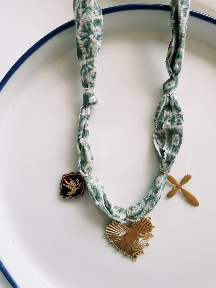 Sage Fabric Necklace with Charms, Blockprint & Bandana