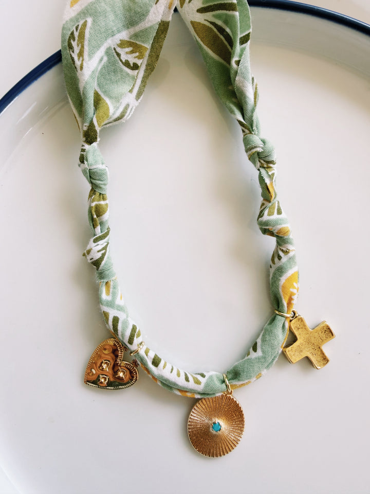 Green Floral Fabric Necklace with Charms, Blockprint & Bandana