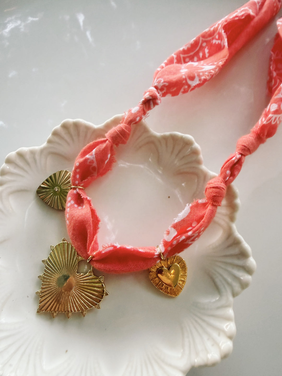 Coral Bandana Necklace with Charms, Blockprint & Bandana