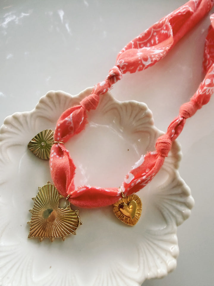 Coral Bandana Necklace with Charms, Blockprint & Bandana