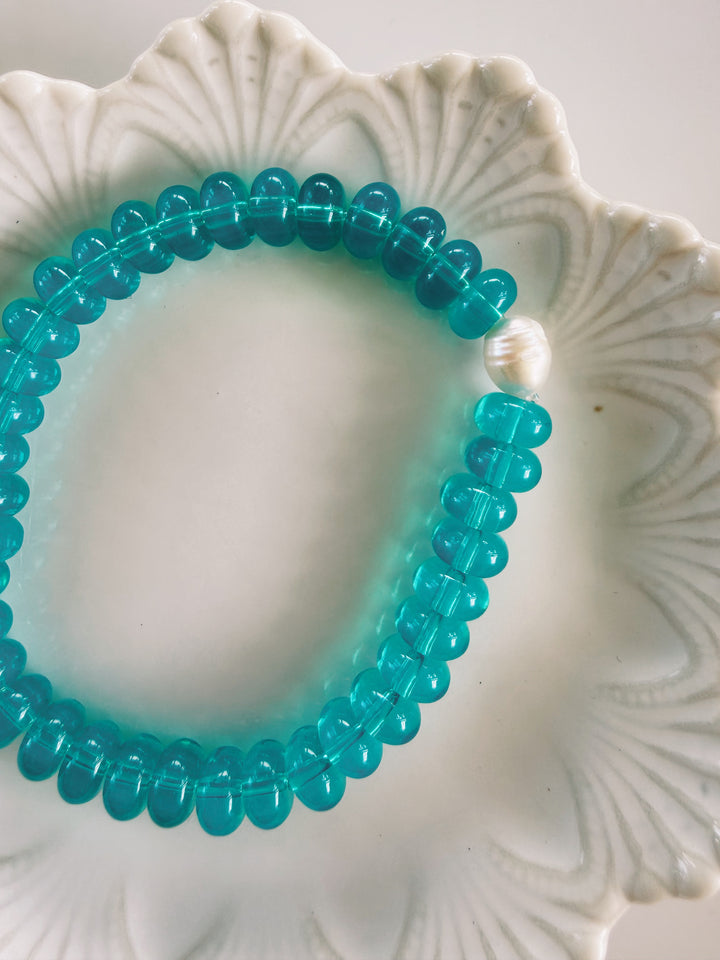 Aqua Gemstone + Glass Bracelets, Pearls