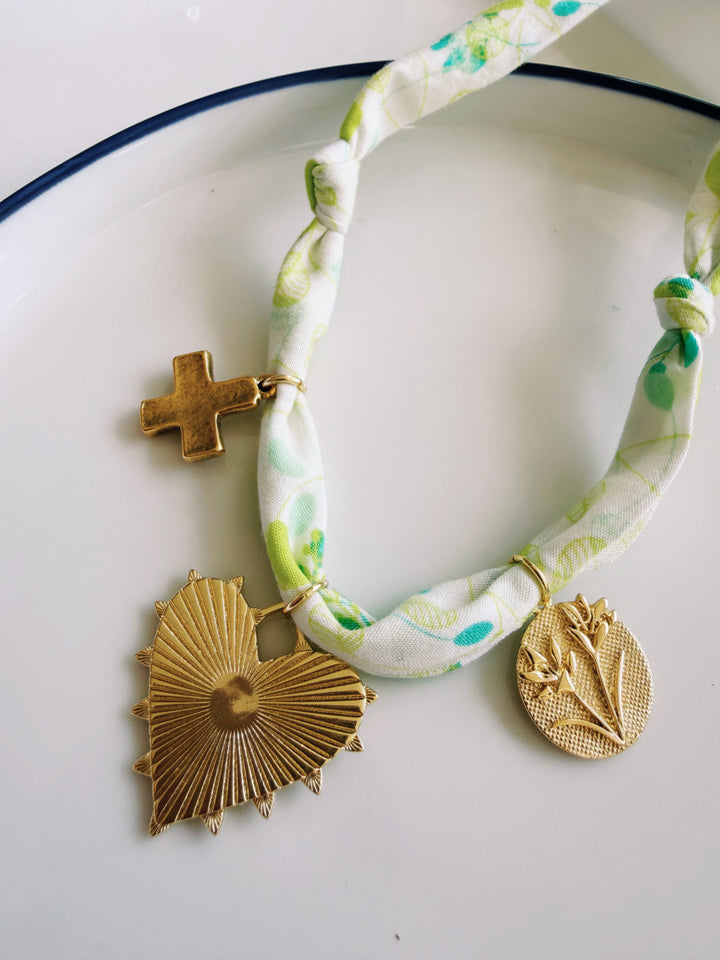 Neon Vintage Fabric Necklace with Charms, Blockprint & Bandana