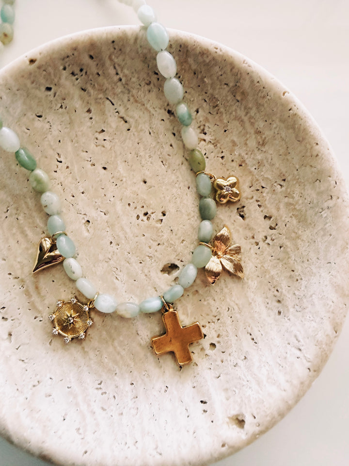 Stone Charm Necklace, Vintage Flora