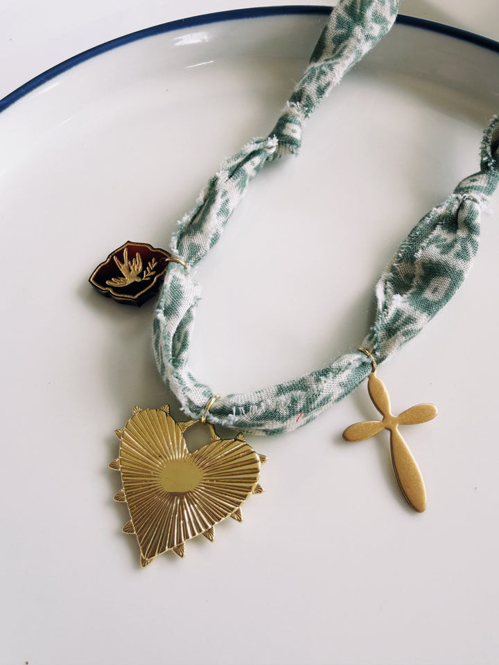 Sage Fabric Necklace with Charms, Blockprint & Bandana