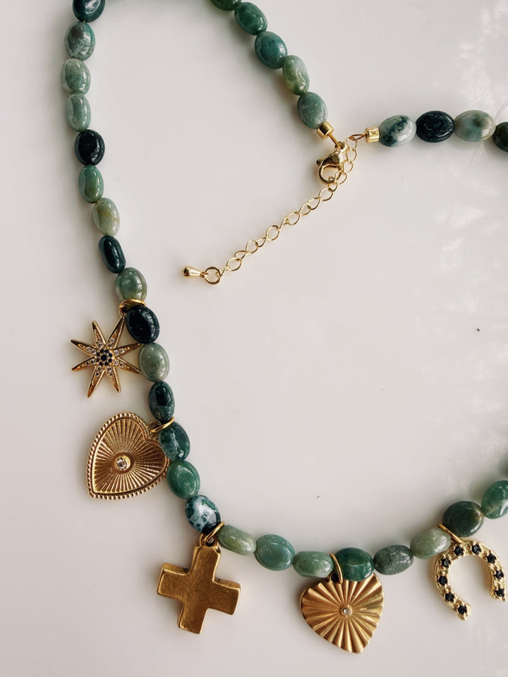 Moss Agate Gemstone Charm Necklace, Sweater Weather