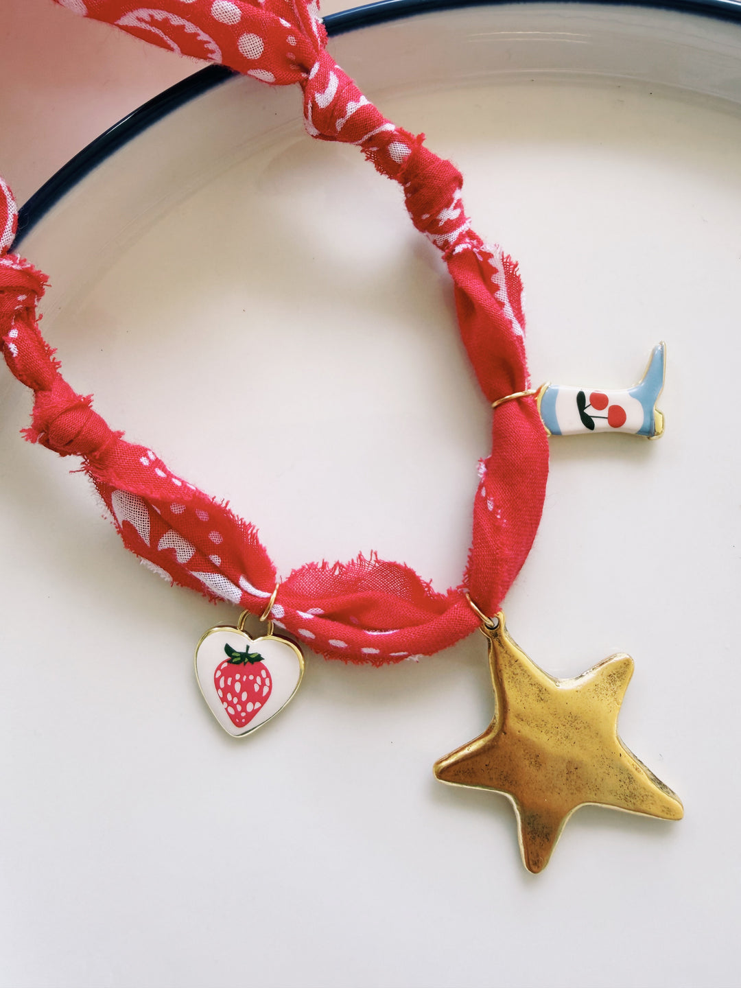 Red Bandana Necklace with Charms, Blockprint & Bandana