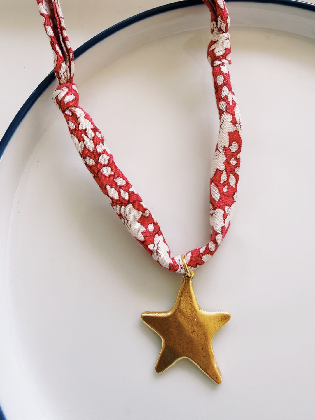 Red Vintage Fabric Necklace, Blockprint & Bandana