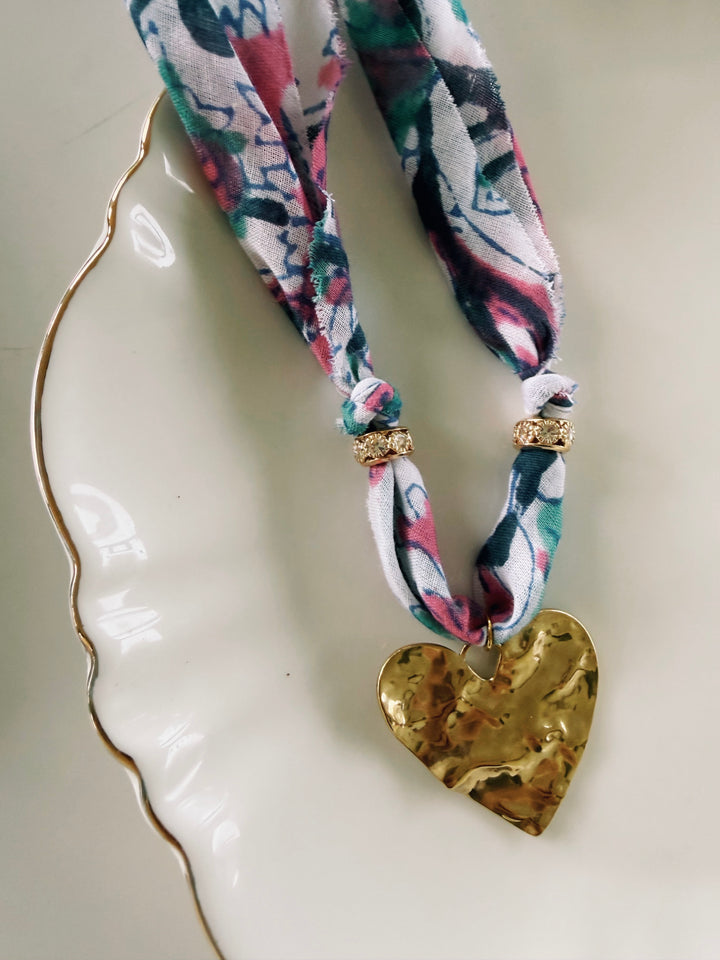 Pink and Navy Fabric Necklace, Blockprint & Bandana