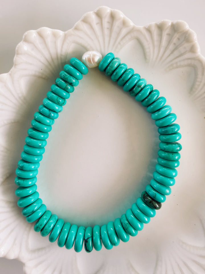 Aqua Gemstone + Glass Bracelets, Pearls