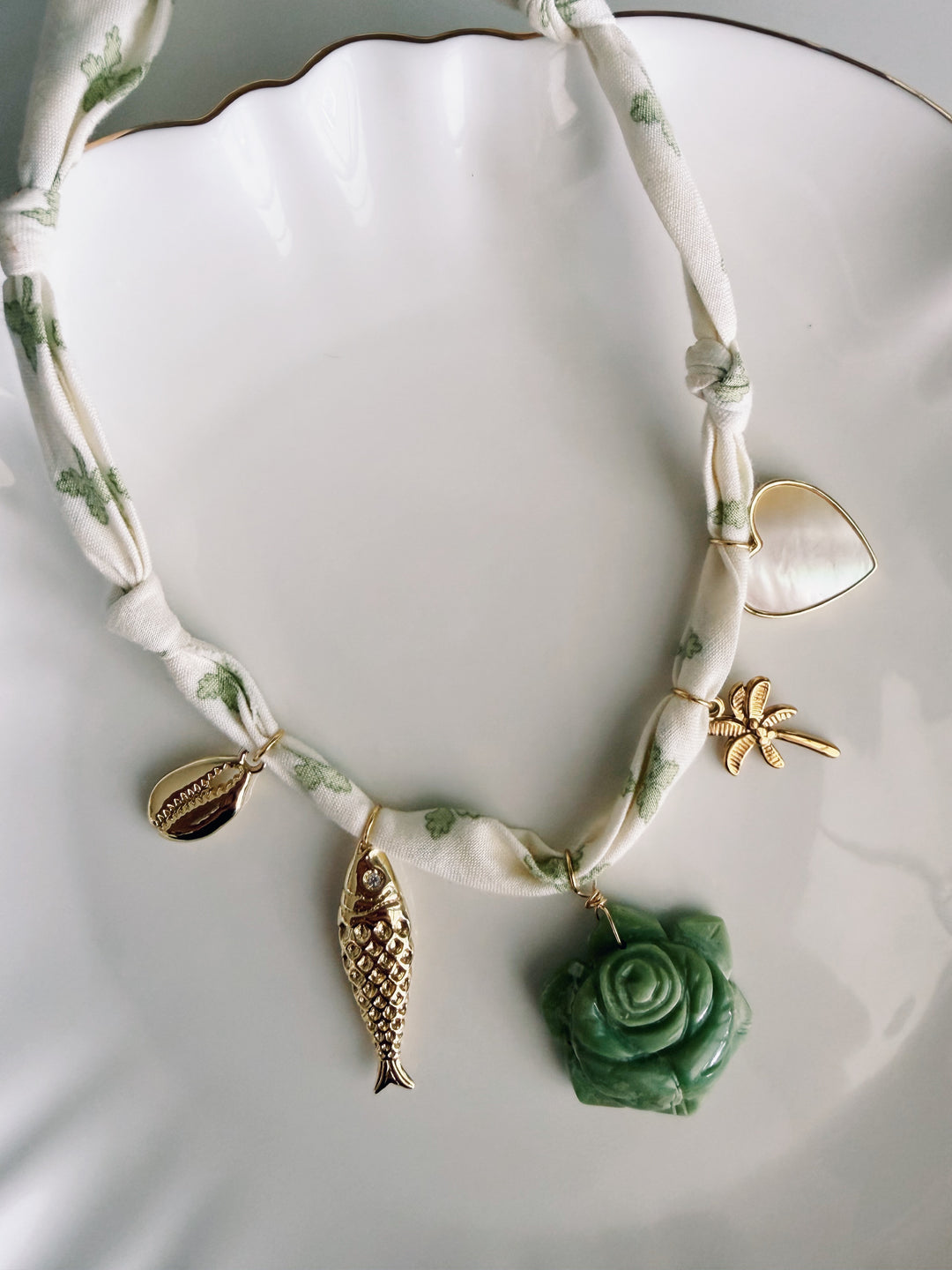 Green Floral Fabric Necklace, Blockprint & Bandana