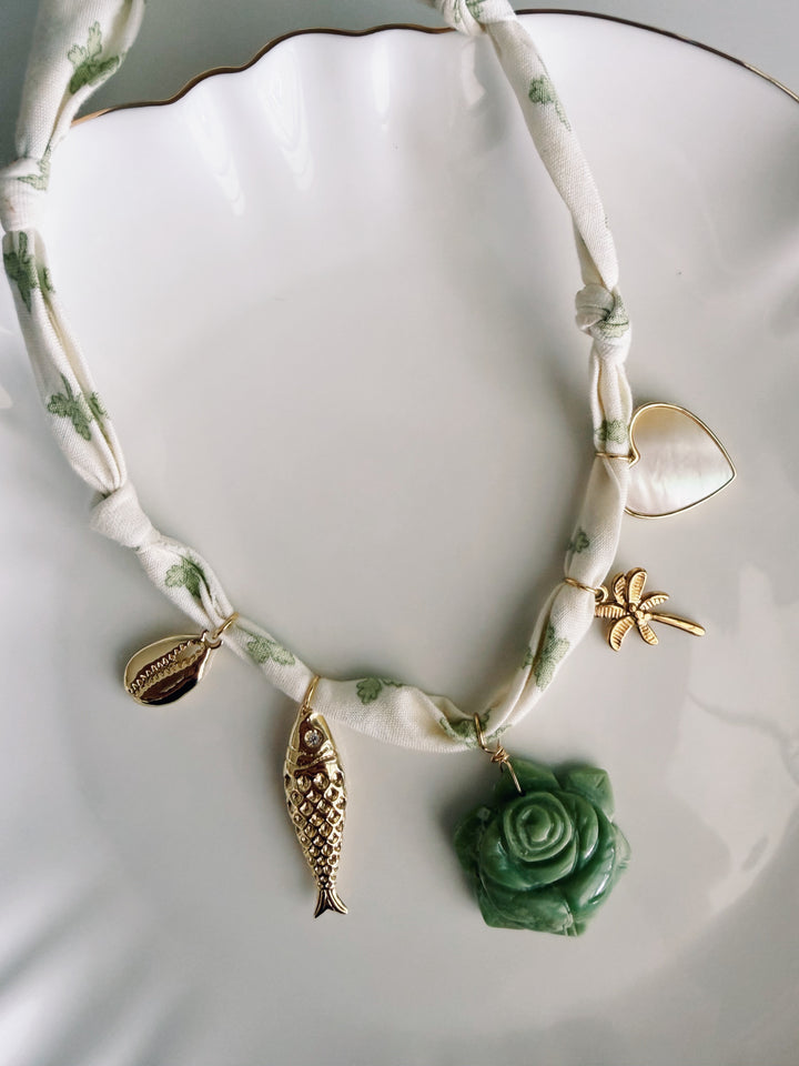 Green Floral Fabric Necklace, Blockprint & Bandana