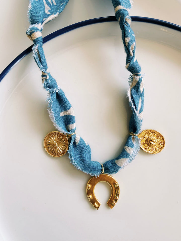 Blue Daisy Fabric Necklace with Charms, Blockprint & Bandana