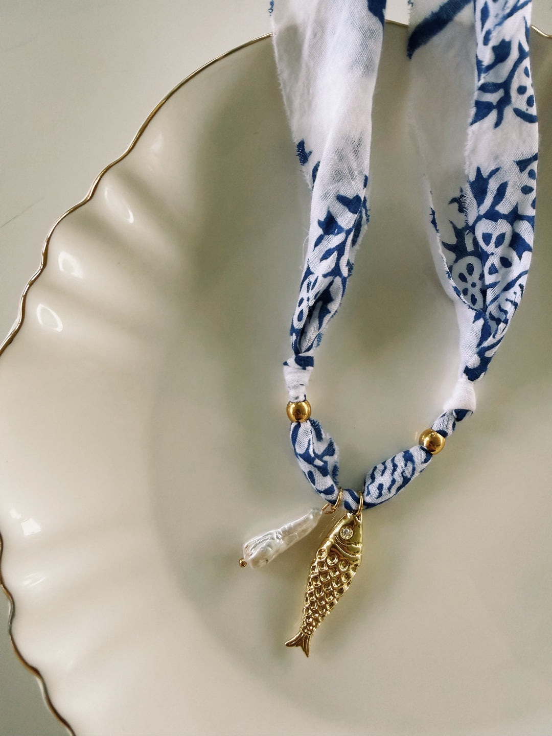 Fish & Pearl Fabric Necklace, Blockprint & Bandana
