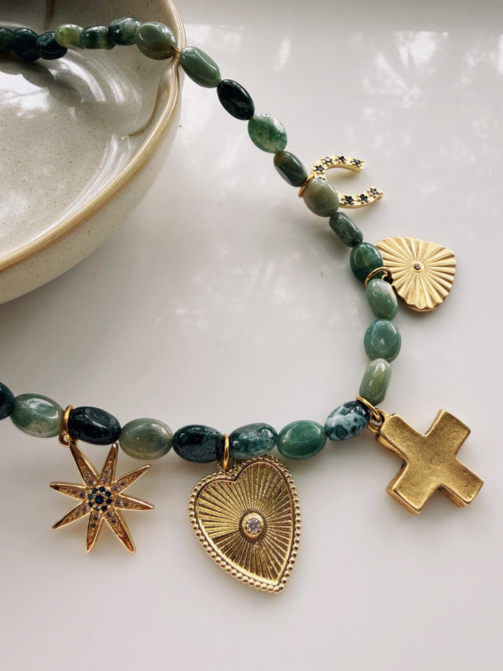 Moss Agate Gemstone Charm Necklace, Sweater Weather