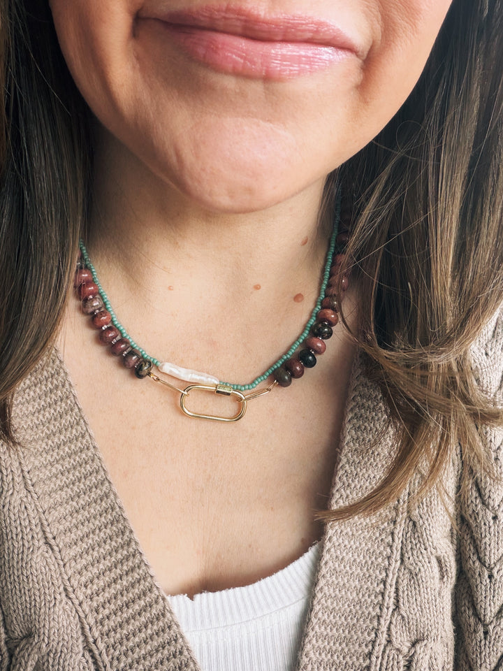 Dusty Rose Gemstone Necklace, Sweater Weather