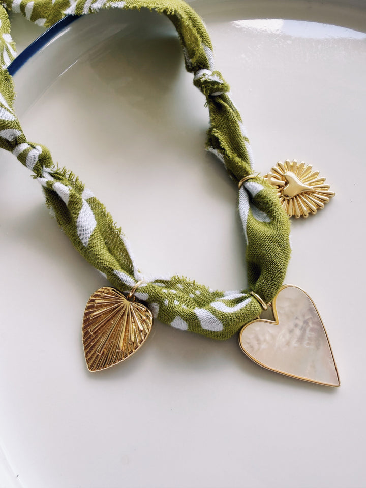 Green Daisy Fabric Necklace with Charms, Blockprint & Bandana