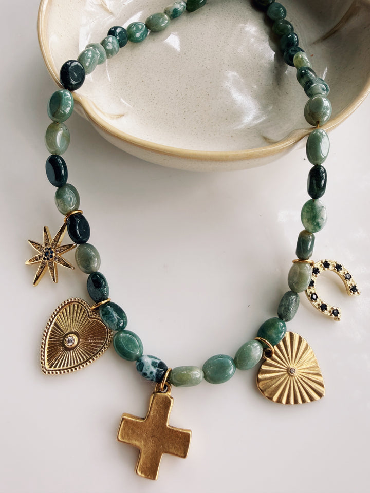 Moss Agate Gemstone Charm Necklace, Sweater Weather