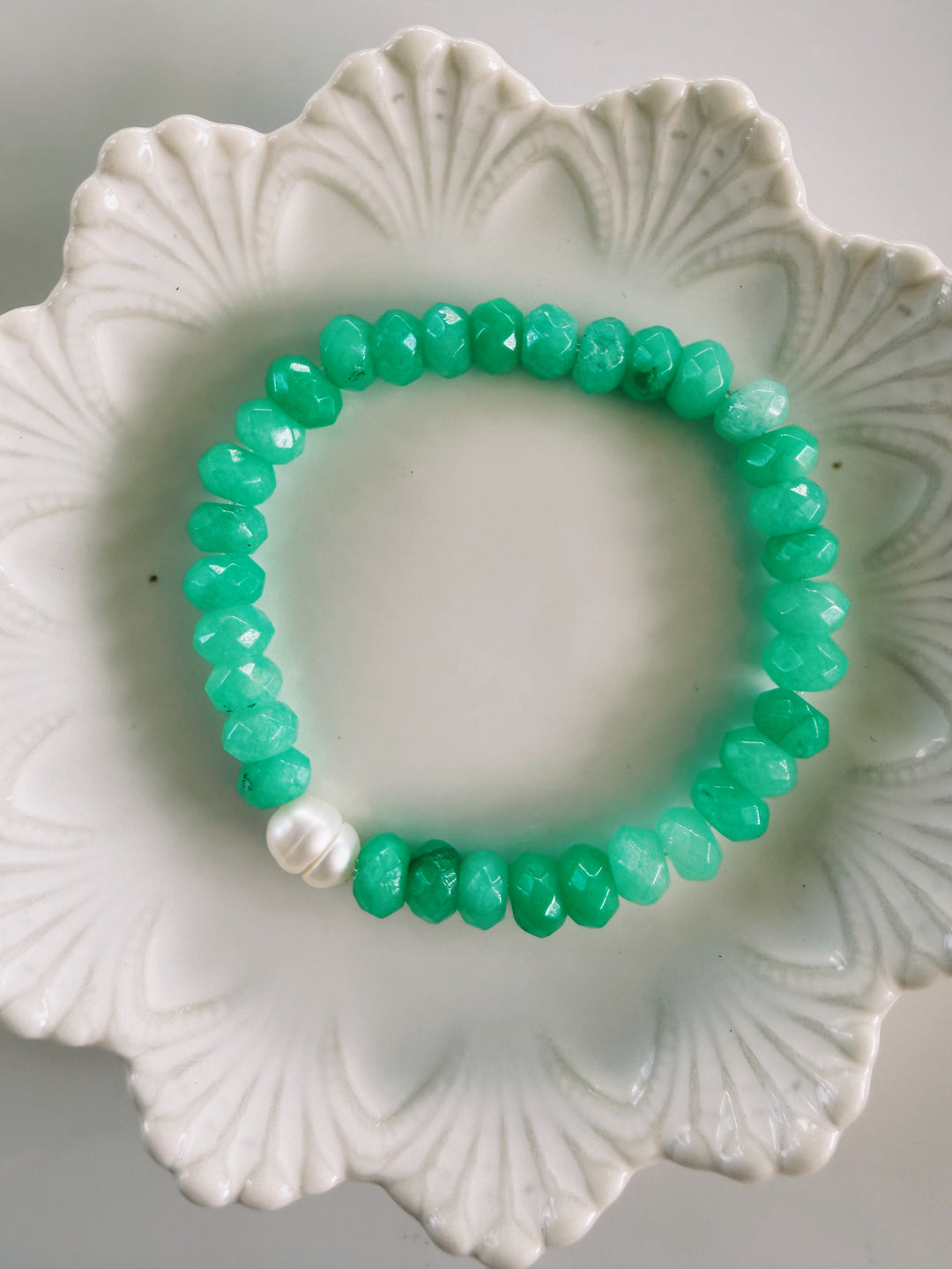 Aqua Gemstone + Glass Bracelets, Pearls