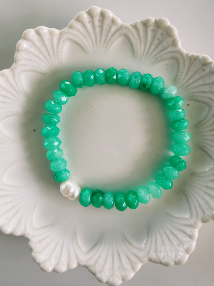 Aqua Gemstone + Glass Bracelets, Pearls