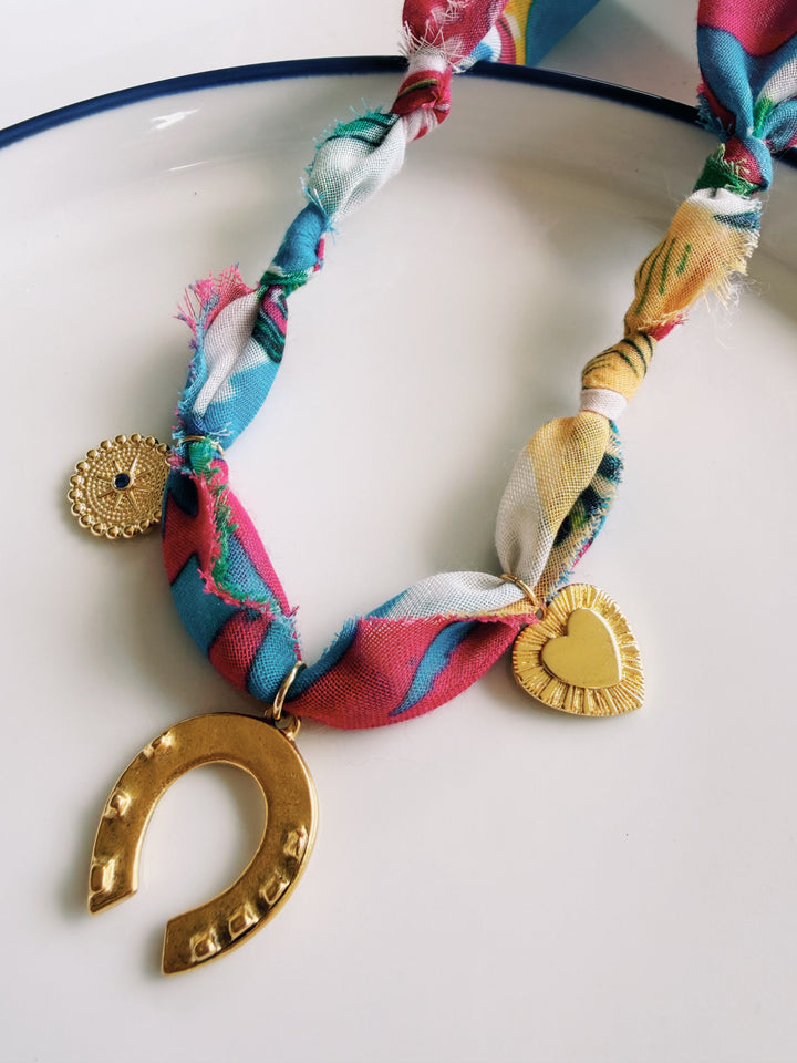 Bright Fabric Necklace with Charms, Blockprint & Bandana