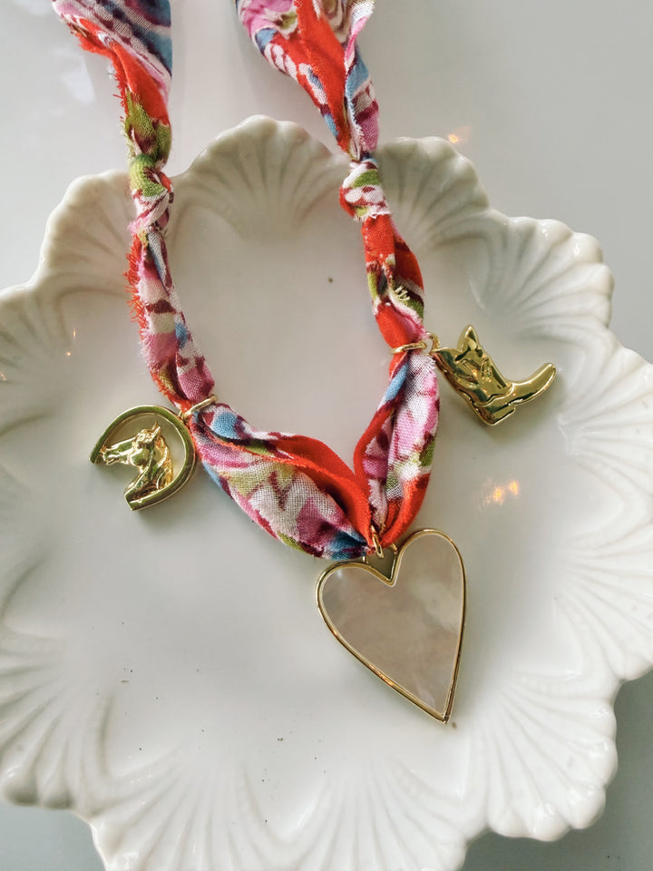 Red Floral Fabric Necklace with Charms, Blockprint & Bandana