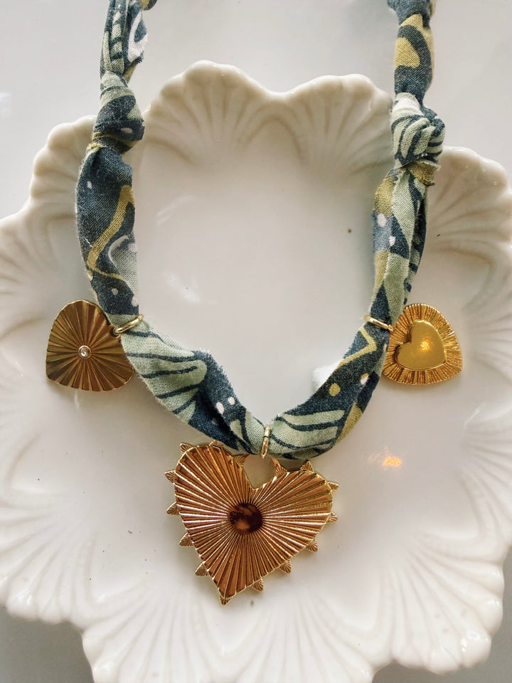 Navy Bandana Necklace with Charms, Blockprint & Bandana