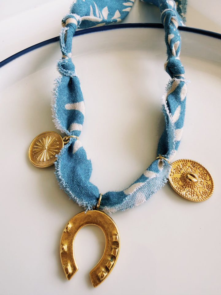 Blue Daisy Fabric Necklace with Charms, Blockprint & Bandana