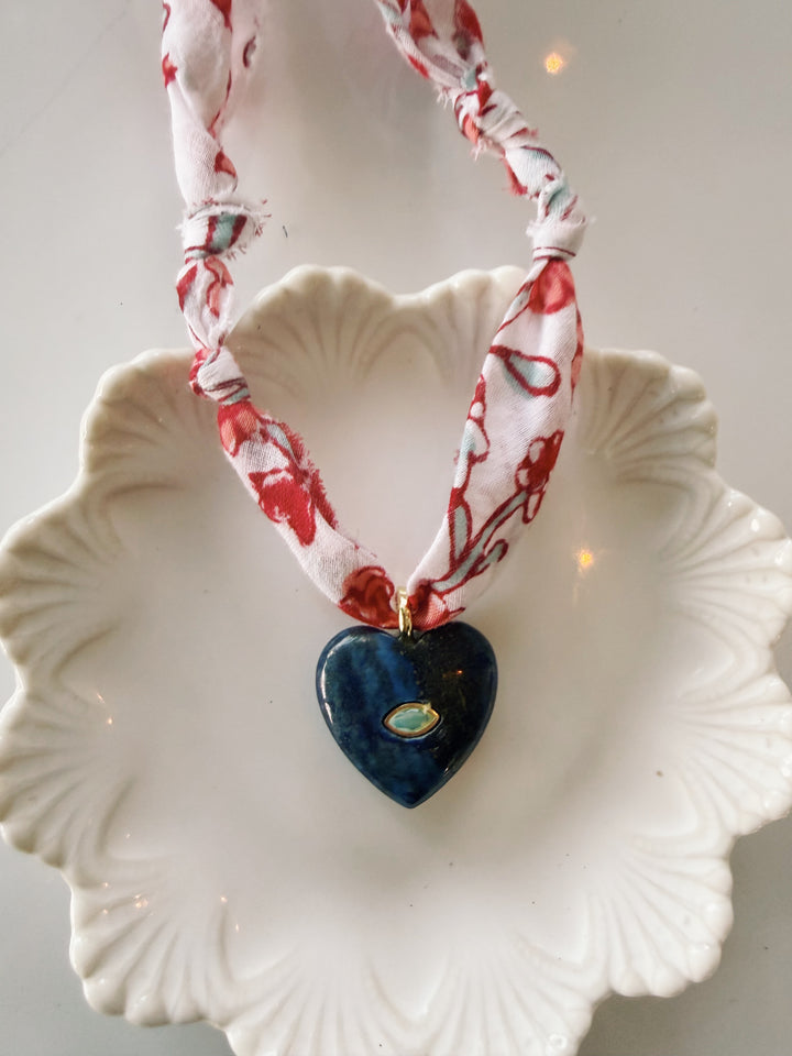 Gemstone Heart Fabric Necklace, Blockprint & Bandana