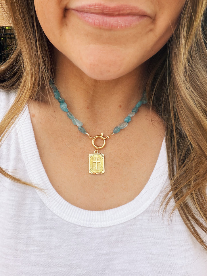 Aquamarine Cross Necklace, Birthday Collection