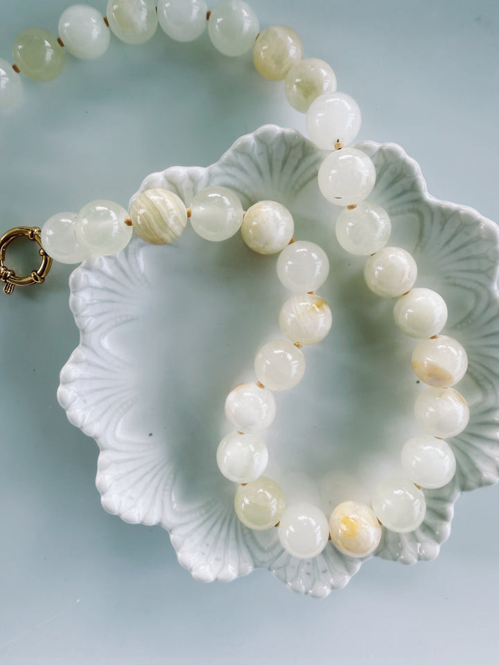 Sweet Cream Stone Necklace, Vintage Flora
