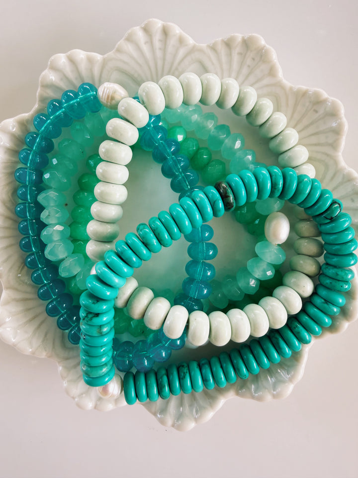 Aqua Gemstone + Glass Bracelets, Pearls