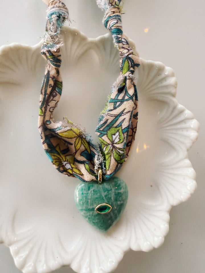 Gemstone Heart Fabric Necklace, Blockprint & Bandana