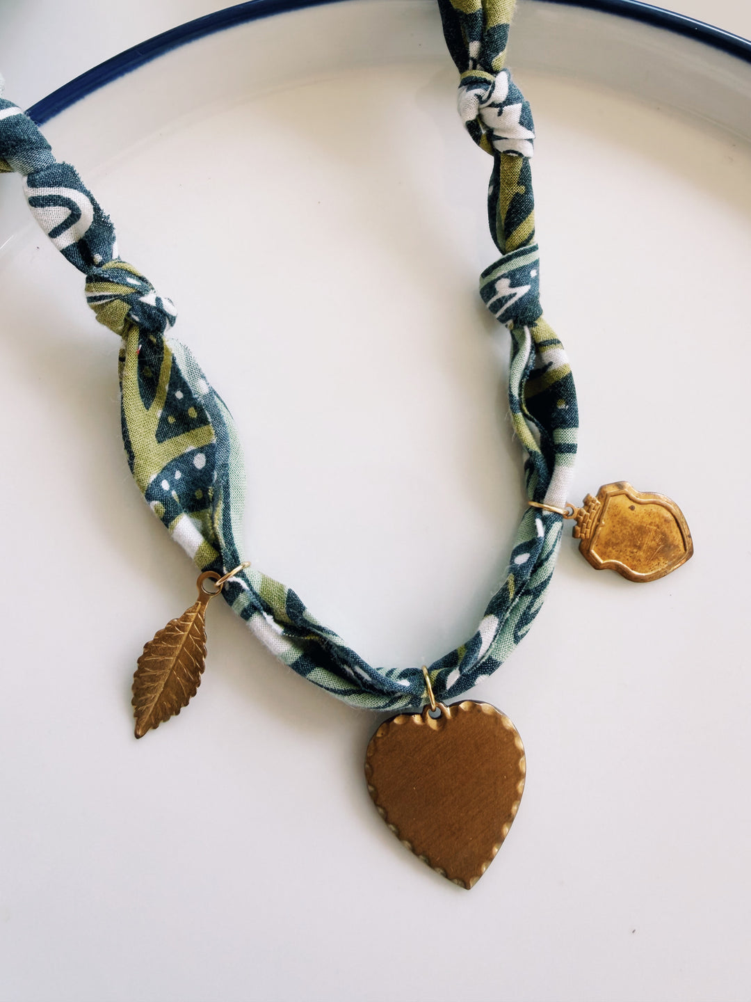 Navy Floral Fabric Necklace with Charms, Blockprint & Bandana